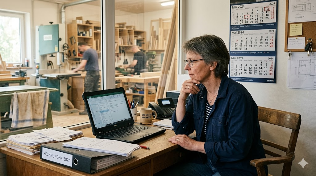 Handwerksmeisterin blickt nachdenklich auf ihren Laptop im Büro neben der Werkstatt