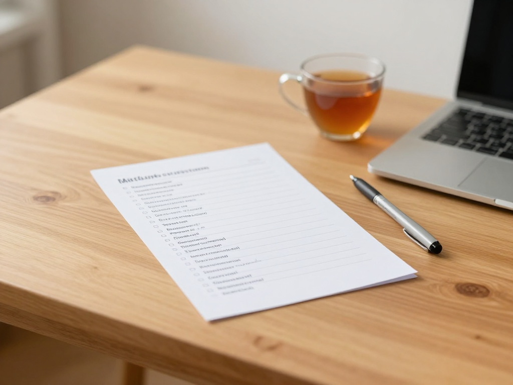 Aufgeraeumter Schreibtisch mit einer einzigen Liste auf Papier, daneben ein Stift — Klarheit nach der Bestandsaufnahme