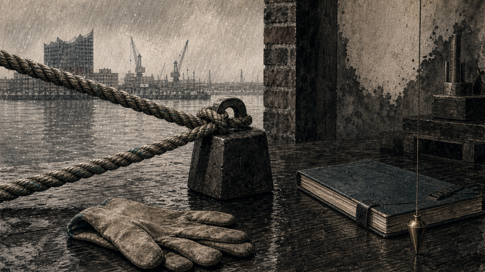 Japanisch anmutende Tuschezeichnung eines gespannten Hafen-Taus und eines Lotgewichts als Symbol für Gaman
