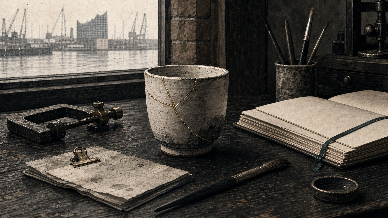 Japanisch anmutende Tuschezeichnung einer reparierten Keramikschale mit feinen Goldlinien als Symbol für Kintsugi